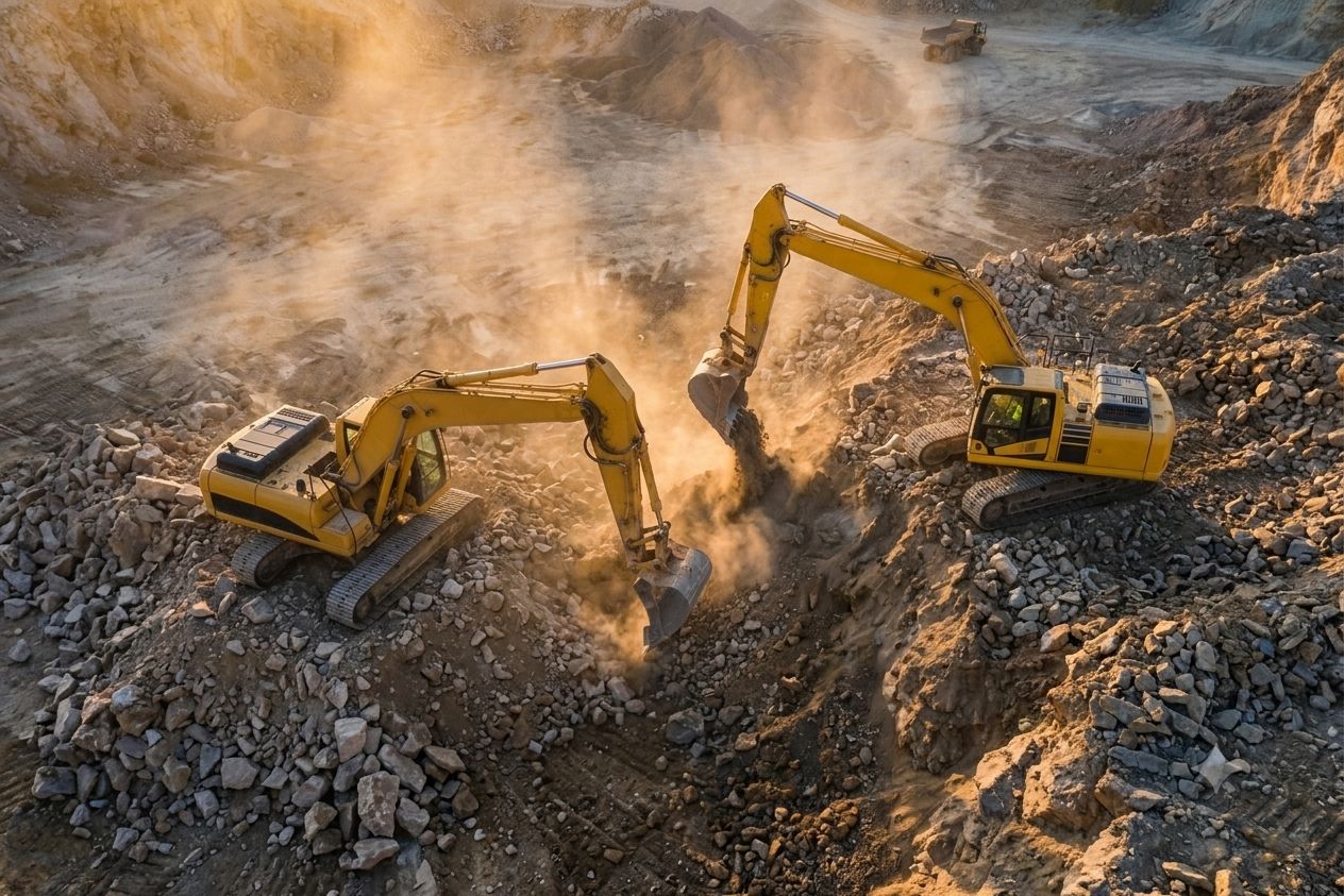 Two excavators digging bentonite in an open-pit quarry